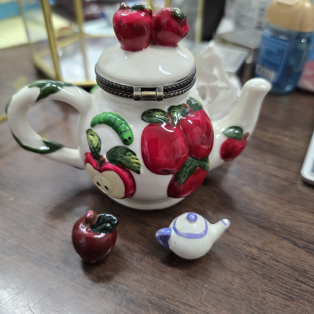 Ceramic Apple Teapot Trinket Box - White with Red Apple Accents